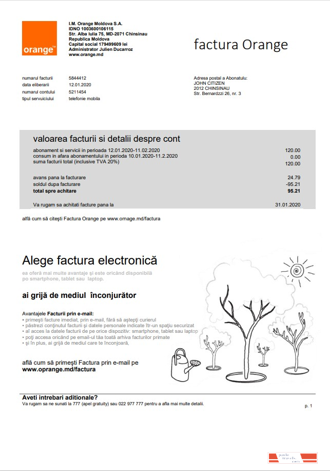 Moldova Orange Factura utility bill template in Word and PDF format